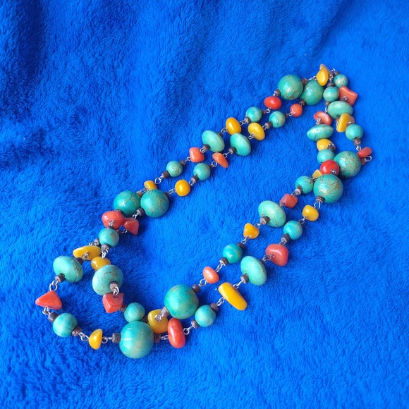 Continuous Strand Station Turquoise Wooden Bead Gem Stone Necklace - Picture 1 of 5